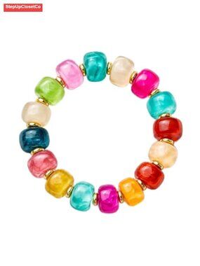 Resin Stretch Bracelet with Heart Charm Boho Jewelry Stackable Strand